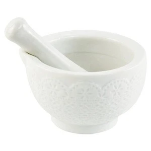 Wholesale embossed white color porcelain unique custom mortar and pestle for herb
