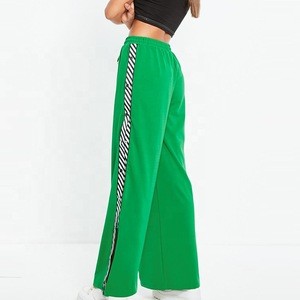 Wholesale Green Wide Leg Side Striped Joggers High Quality Popper Track Pants With Button