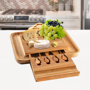 Wholesale Large Square Natural Bamboo Cheese Board Knife Set