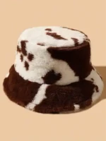 Wholesale Women Colorful Cow Stripe Pattern Design Winter Thick Furry Plush Fisherman Bucket Hat Caps Faux Fur Bucket Hat