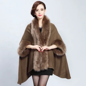 Wholesale Women Winter Warm Imitation Fox Fur Poncho Faux Fur Trim Shawl