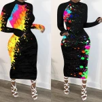 Wholesales 2020 Autumn New Fashion Women skirt Graffiti Printed  Round Neck Casual  Women Long Sleeve Dress
