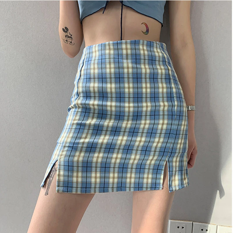 Women Casual Plaid Mini Skirt Mid Waist Street wear Pack Hip Split Zipper Skirt Preppy Style Skirts