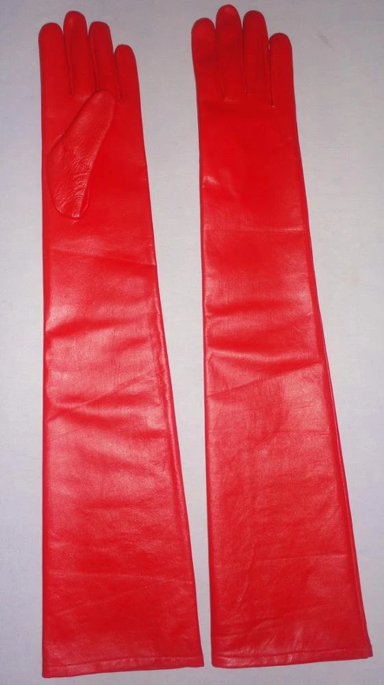Women Ladies Opera Long Half Finger Glove  /Long Opera Length Leather Gloves Half Fingers Red Lined in Silk