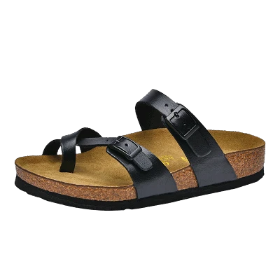 Women?s Leather Sandals Comfortable Cork Pad Flat Toe Sandals Outdoor Beach Slippers