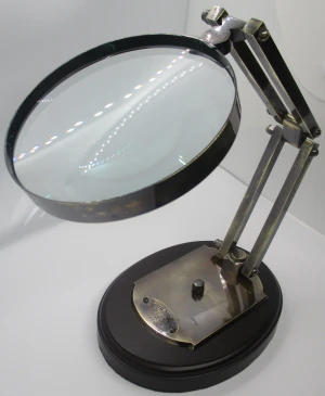 Vintage Desktop MDF Wood Base Stand Magnifier – Adjustable Premium Lens – Handcrafted Brass Nautical Home Décor