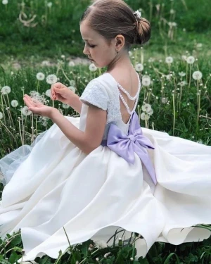 White Satin Baby Girl Dress With Long Train And Big Bow Flower Girl Dress
