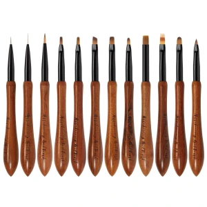 Nail Art Brushes Set Design Pen Painting Tools Customize Private Label Walnut Handle Wooden Nail Brush