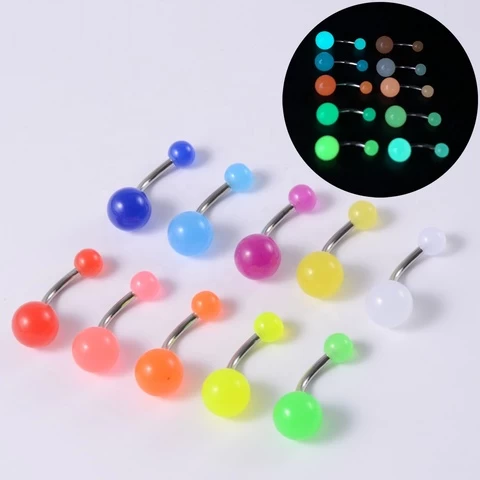 10/14pcs/Pack Luminous Surgical Steel Tongue  Piercing Glow in the Dark Navel Belly Ring Acrylic Ball Labret Stud Body Jewelry
