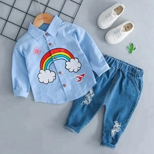 2018 Autumn long-sleeved shirt set 0-3 years old baby boy hole jeans two-piece