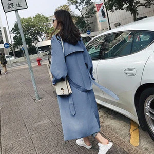 2018 spring Korean fresh blue line decoration loose windbreaker long coat