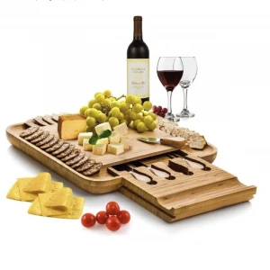 2021 Amazon Hot Sell Serving Tray Cutlery Acacia Bamboo Cheese Cutting Board Set With Slicer Cheese Knife Set Tools