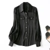 2021 luxury white temperament commuter double pocket solid color long sleeve ladies silk shirt