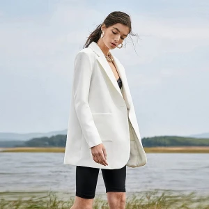 2021New Ladies jacket Suits uniform Notch Collar Pocket Front  Long Sleeve Women Tops white Casual Wear Office Ladies Blazer