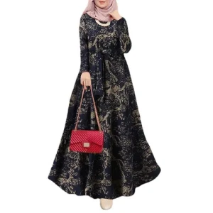 2024 new plus size womens cotton and linen dress long skirt retro printed pullover robe dress for Muslims