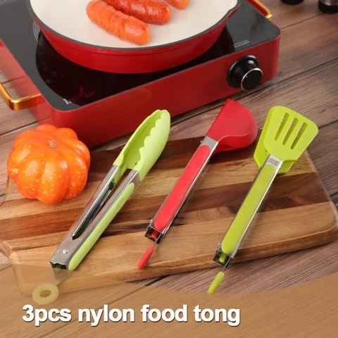 3-Pack Kitchen Lockable Baking Cooking Utensils BBQ Grill Tools Plastic Nylon Food Tongs