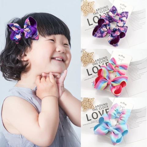 3PCS / Set Hot sale latest rainbow striped ribbon bow hairpin 4 inch unicorn mermaid gilding fish scale hair clip set for baby