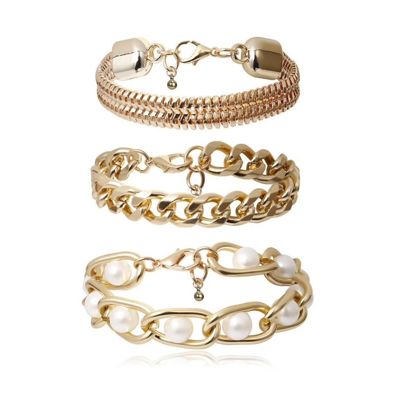 3Pcs/Lot Fashion Cuban Thick Bracelet Bangle Chunky Heavy Metal Imitation Pearl Cool Bracelet Wrist Chain Jewelry