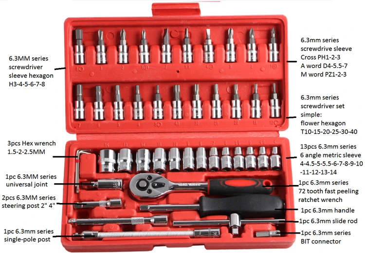 46pcs Vehicle carbon steel Combination Auto Car repair tools ratchet socket wrench set