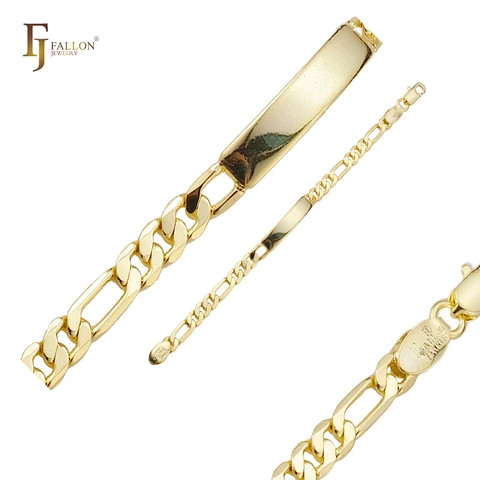 55190001 FJ Fallon Fashion Jewelry Figaro link engraveable Mens ID bracelets 14K Gold plated brass based