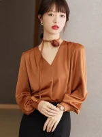 Acetic acid shirt womens high quality 2023 new spring V-neck design bow tie satin top temperament girl blouse tops
