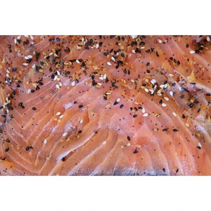 Acme&#39;s original skin-off pre-sliced cold smoked salmon with everything bagel seasoning USA