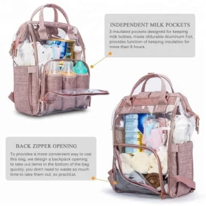 Baby Diaper Bag Backpack Clear Backpack with Insulated Pouch Changing Pad Nappy Case Bag Large Capacity Transparent Backpack