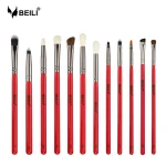 BEILI Pro 12pcs Red Eye Makeup Brushes Tool Set Cosmetic Eyeshadow Blending Eyebrow Eyeliner Goat Bristles Makeup Brushes Kits