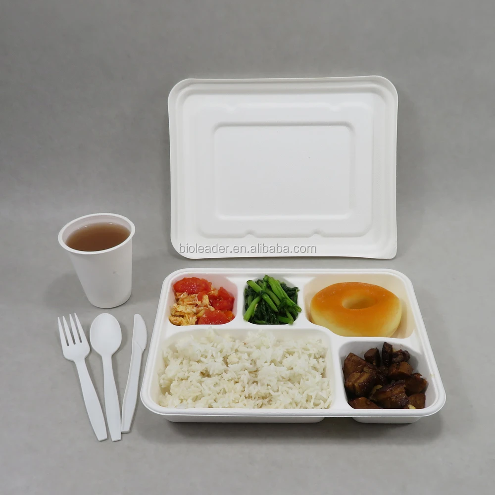 Biodegraded Disposable Sugarcane Bagasse 5 Compartment Tray China Wholesales Food Safe Serving Tray