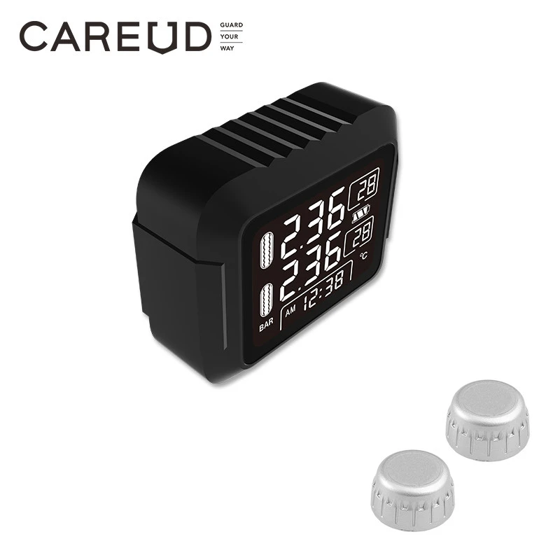 CAREUD Wireless Motorcycle TPMS Tire Pressure Monitoring System External Sensor LCD Time Display Tyre Temperature Monitor Alarm