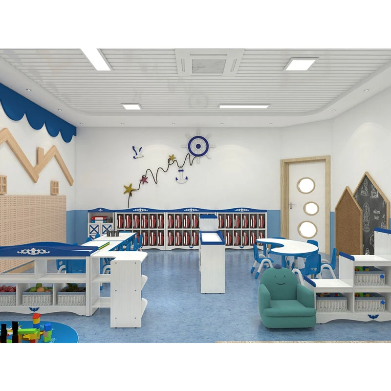 COWBOY Cheap Daycare Furniture Set Kids Blue Table and Chair Classroom Chair Kids Wood Cabinet Furniture Wholesale