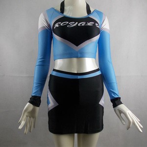 Custom cheerleading uniforms long sleeve blue black and white team cheerleading wear
