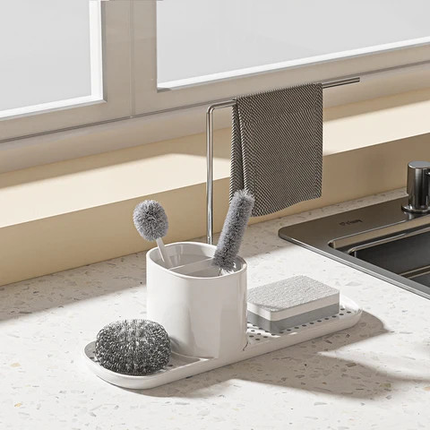 Custom logo Plastic hand sensor 2-in-1 Sponge holder rack Soap Dispenser Sponge Pump Dispenser Dish Soap Dispenser for Kitchen