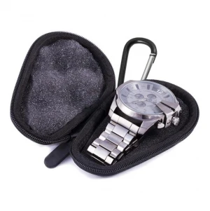 Custom Travel Watch Case Cushion Foam Interior Reinforced Zippers &amp; Metal Carabiner Watch Case
