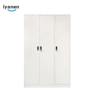 Customized modern KD beige color bedroom clothes storage cabinet 3 door steel armoire closet metal wardrobe locker with mirror