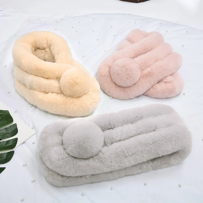 Customized soft artificial Faux Fur Scarf Women Winter Scarf With Ball and Rabbit Fur Scarf