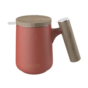 DHPO 500ml red ceramic tea mugs with infuser and lid and wooden handle