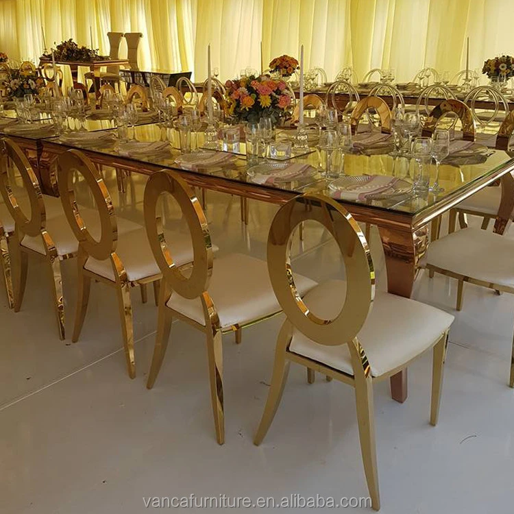 Dining room furniture golden stainless steel legs mirror glass top wedding tables sets