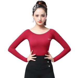 DOUBL Adult Stage Modern Ballroom Dance Training Clothes Red Chacha Training Dress Top Latin Dancing Social T-shirt Costume