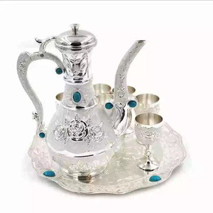 Embossed Tea Set With Tray,Height 22cm Glass Teapot And Cups Set,Arabic work antique turkish coffee pot