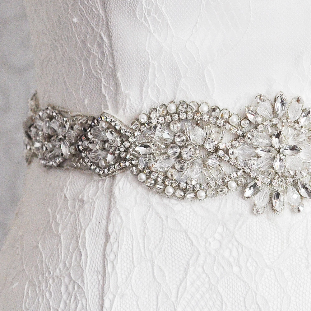 Eslieb Crystal Pearls Bridal Belt Hand Beaded Wedding Belts Silver Rhinestones Bridal Sash For Wedding Dresses Ceinture de