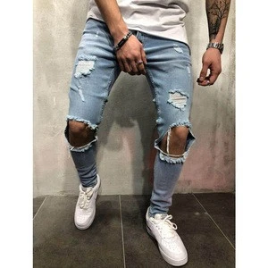 Europe and the United States skinny pants jeans men Trendy knee hole biker jeans low cheap price man jeans Denim