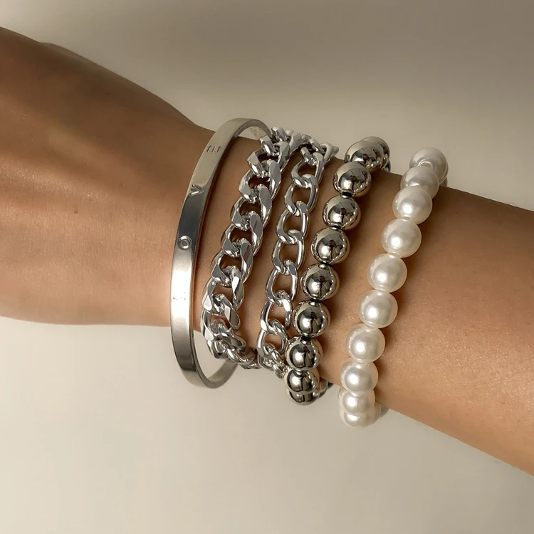 Exaggerated hip-hop metal adjustable letter bracelets set pop punk multilayer round beads pearl bracelet women