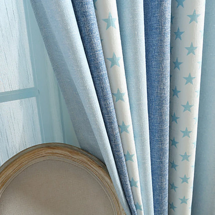 Factory Direct Elegant Cheap Vertical Star Window Blue Curtain Linen Fabric For Living Room