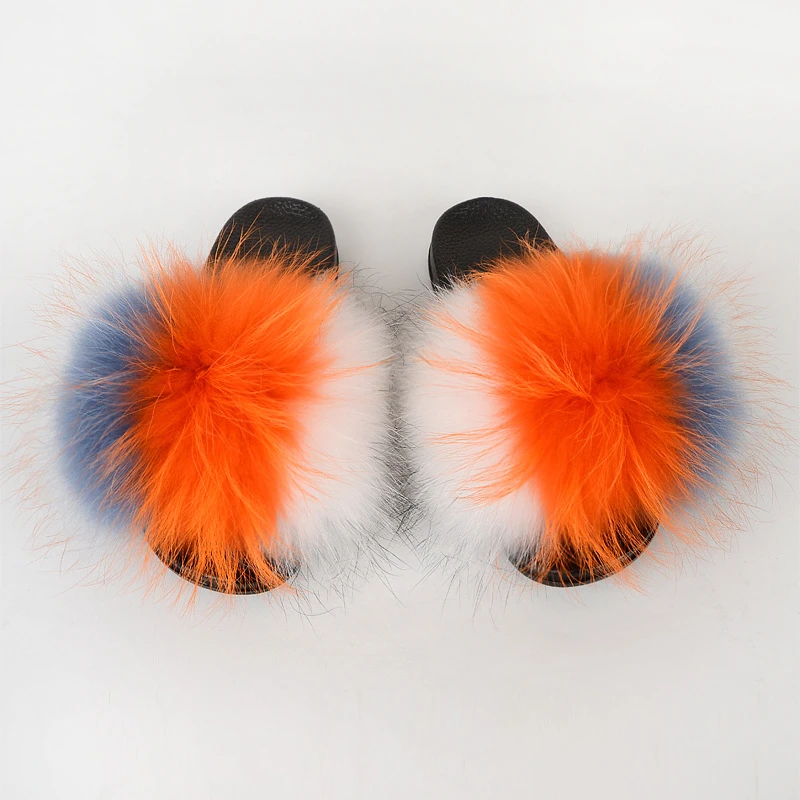 fluffy flip flops wholesale fur slippers real fox raccoon fur slides slippers