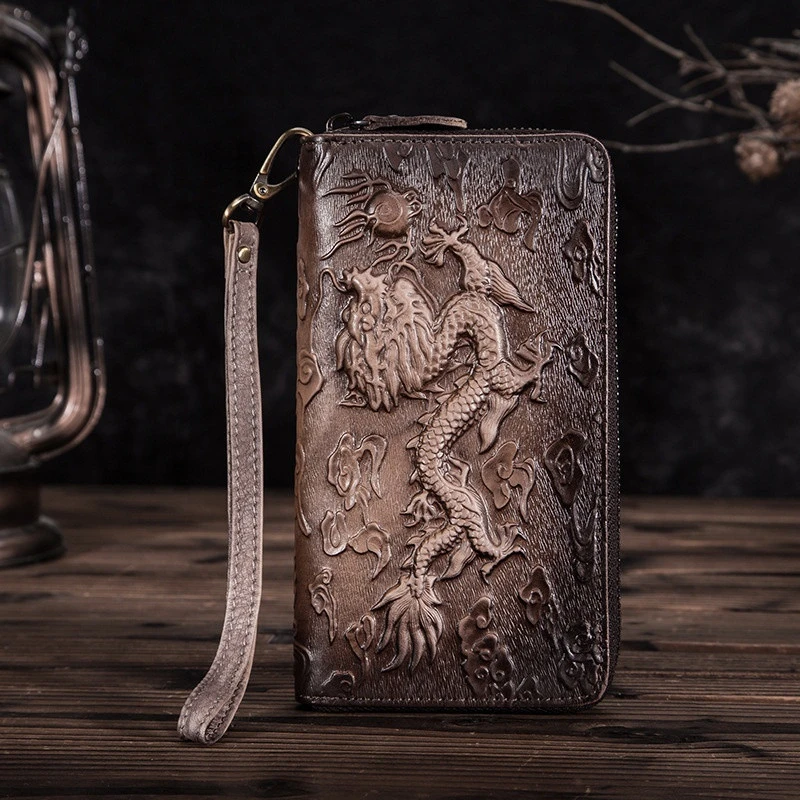 genuine leather wallet  leather foreign trade man long pressed tiger dragon crocodile head zipper wallet
