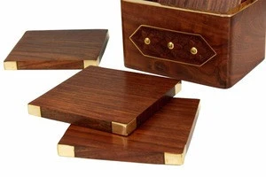 Hand Carved Wooden Drink Coasters Square Holder with Brass Inlay