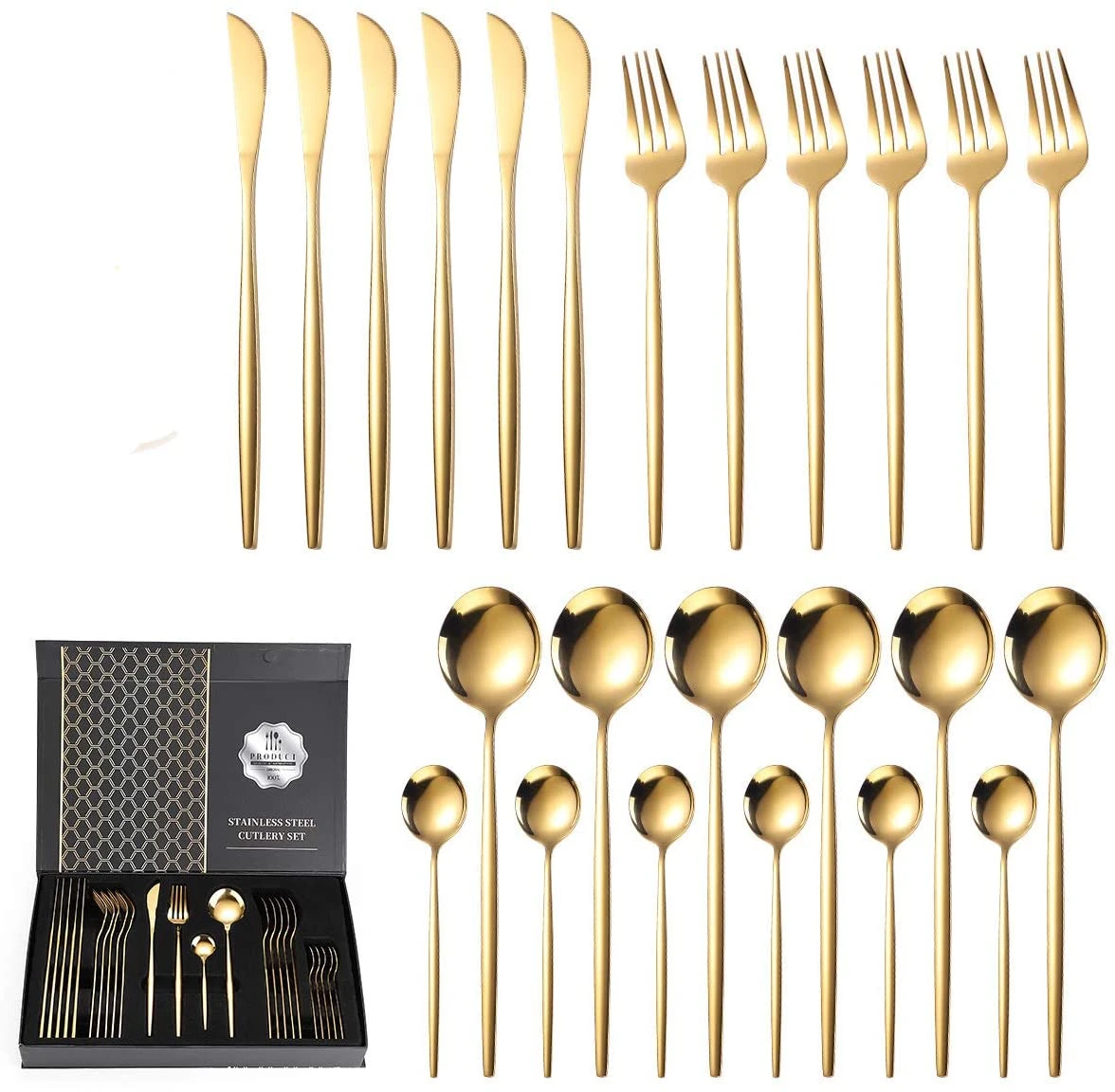 High Grade Fancy 24 piece Mirror Gold Plated Dinner Stainless Steel Flatware Cutlery Set