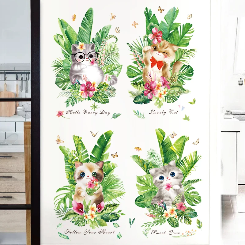 Home decoration adhesive 3d green leaf cartoon cat decals wall stickers