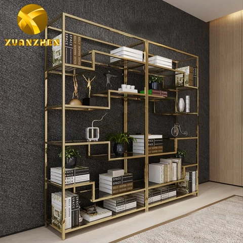 Home furniture factory modern high stainless steel glass decor cabinet bookcases bookshelf for sale